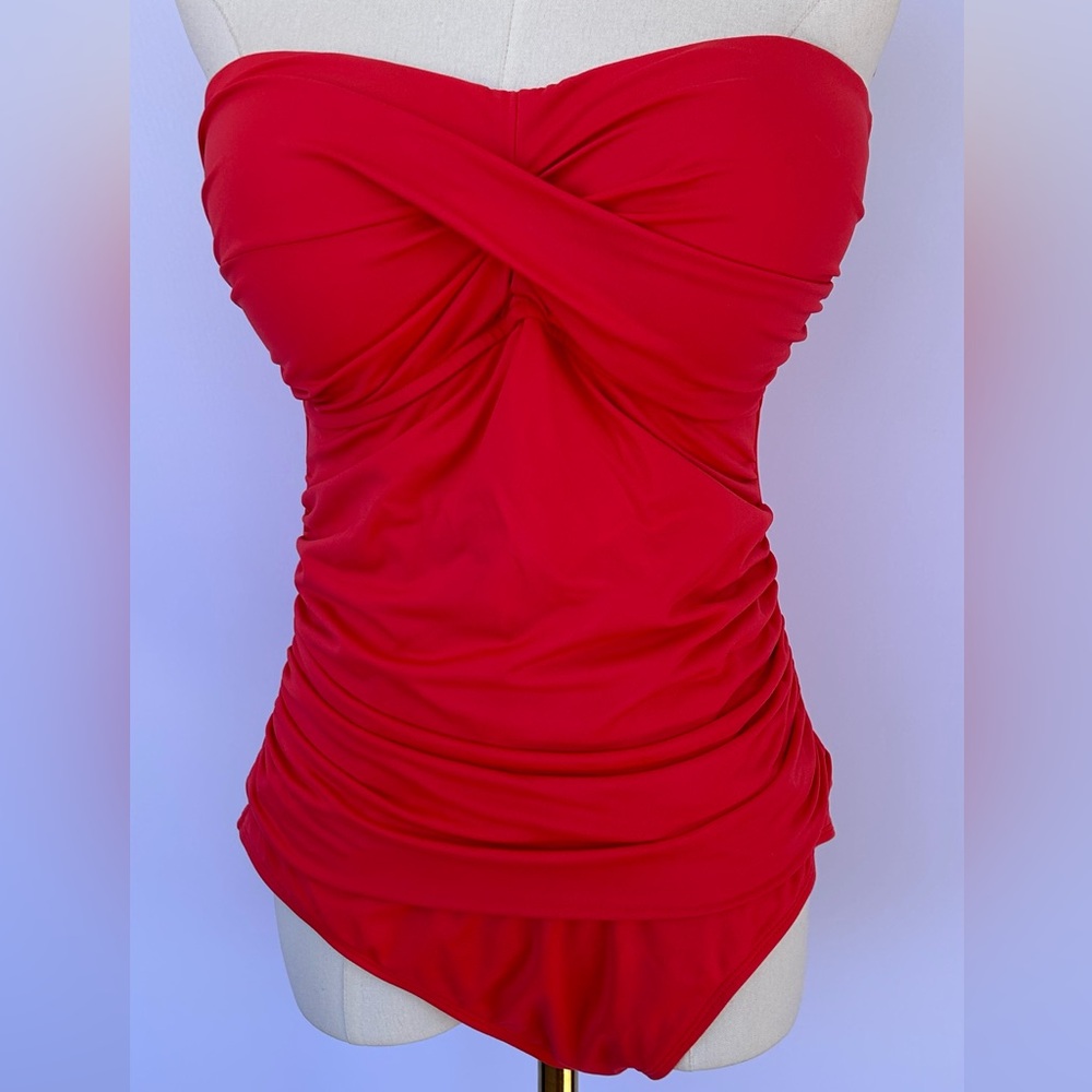 Anne Cole Women’s Twist Front Bandeaukini Red Orange Ruched‎ Foam Cups Size 12